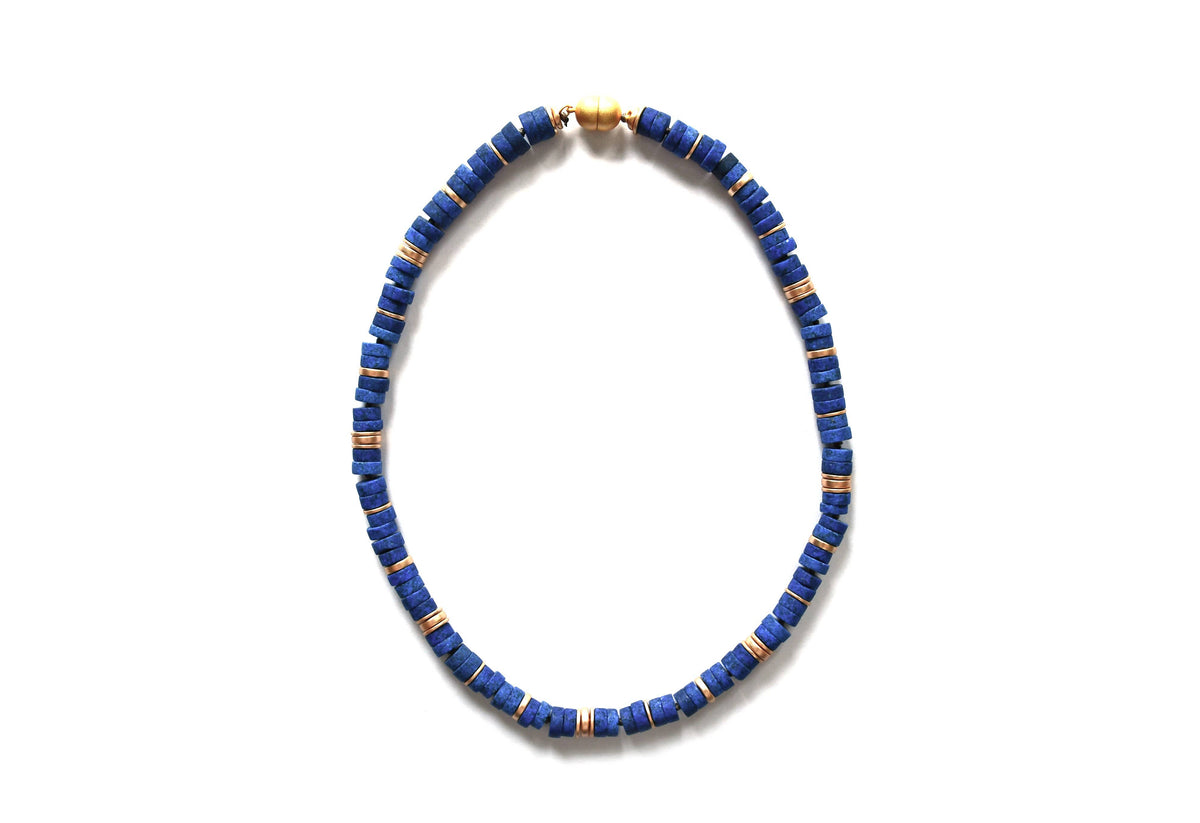 Lapis & Matt Gold Disc Bead Necklace