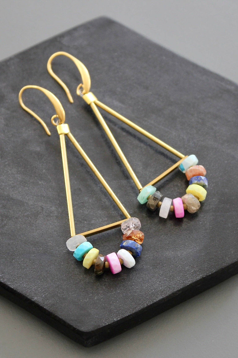 Multicolor Semi Precious Gemstone Beaded Geometric Earrings