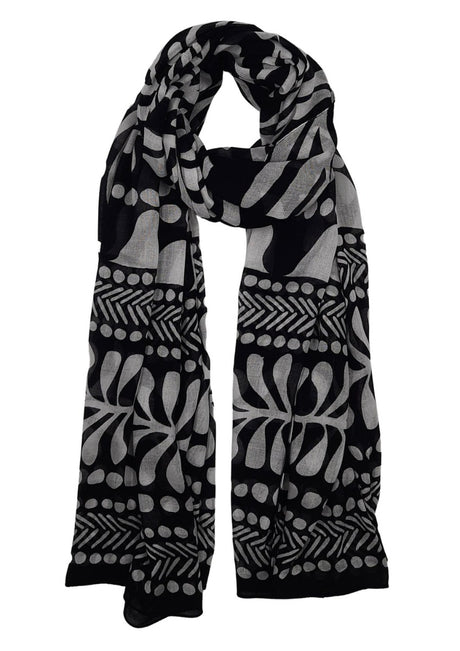 Black Warli Style Printed Lightweight Scarf