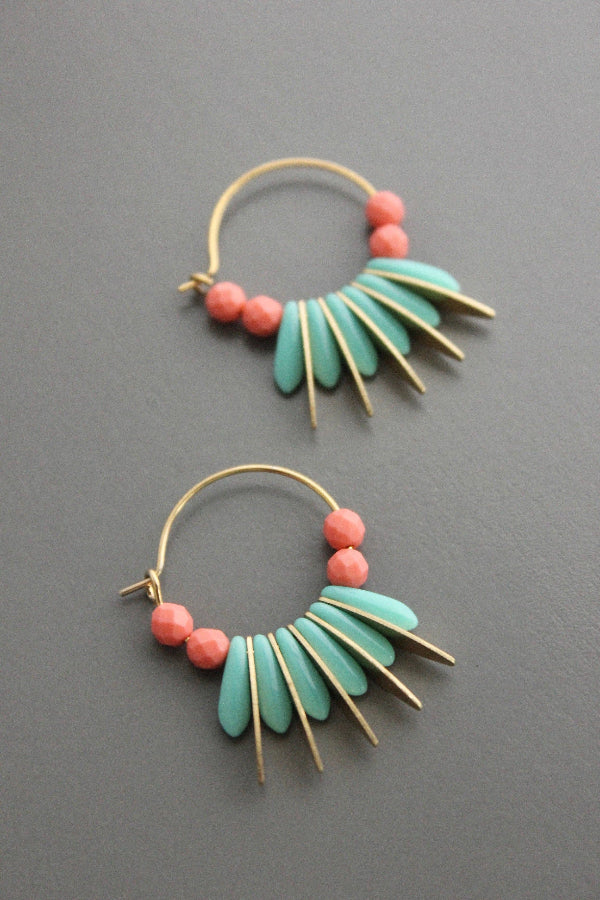 Coral & Turquoise Spear Hoop Earirngs