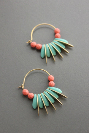 Coral & Turquoise Spear Hoop Earirngs