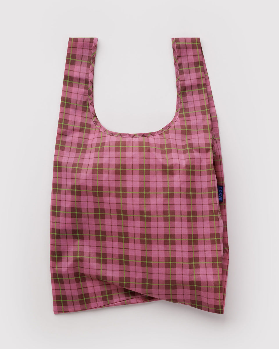 Standard Baggu Reusable Shopping Bag - Azalea Pink Tartan