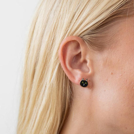 Black Cat Enamel Stud Earrings Modeled