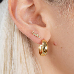 14K Gold Plated Badass Script Stud Earrings Modeled