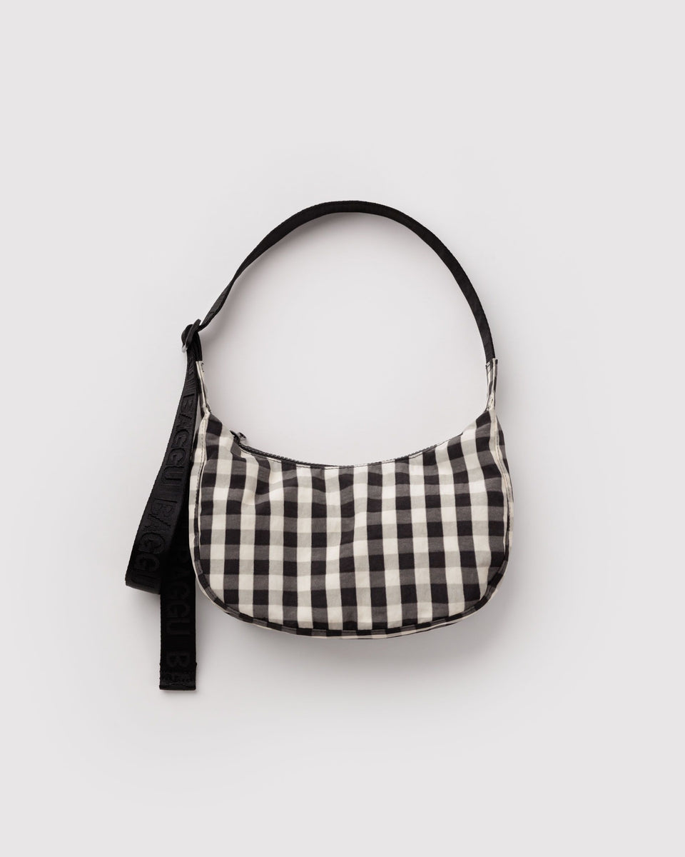 Small Nylon Crescent Bag - Black and Cream Gingham