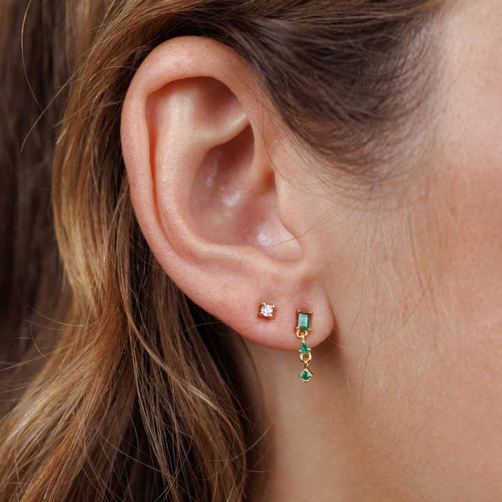 Mini Baguette Emerald CZ Dangle 18K Gold Earrings