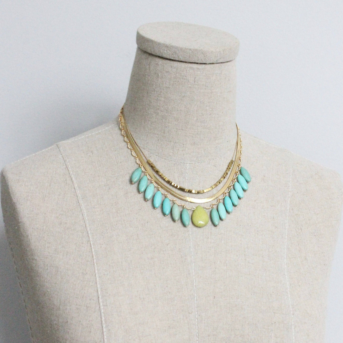 Turquoise & Jade Triple Strand Snake Chain Necklace