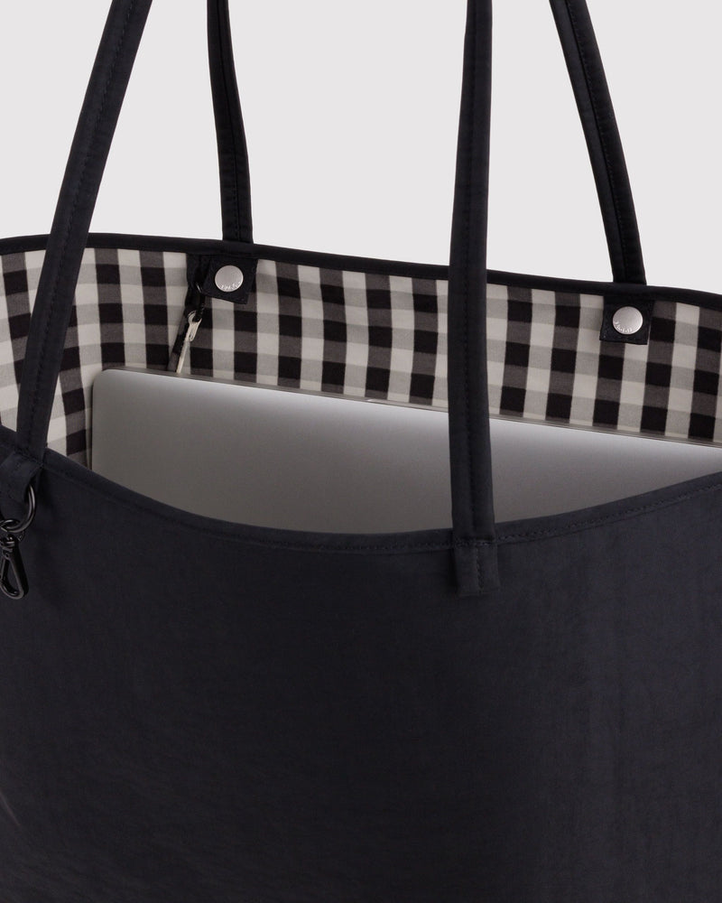 Large Nylon Reversible Tote Bag - Black Gingham Mix