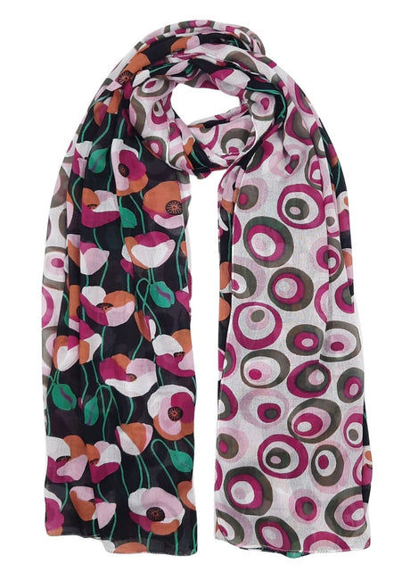 Black Poppy Flower Circle Print Lightweight Scarf