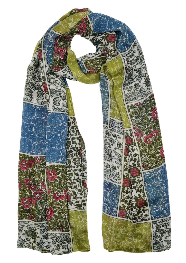 Green Floral Block Printed Long Boho Style Scarf