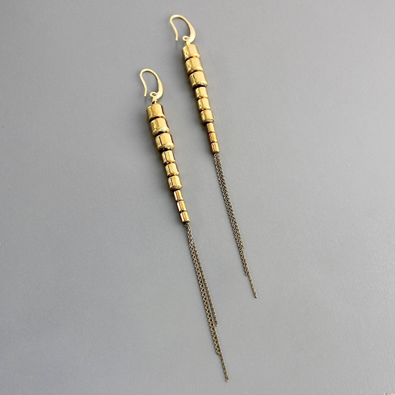 Gold Hematite Long Chain Earrings