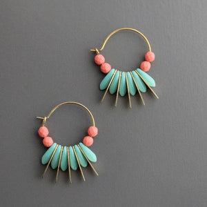 Coral & Turquoise Spear Hoop Earirngs