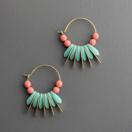 Coral & Turquoise Spear Hoop Earirngs