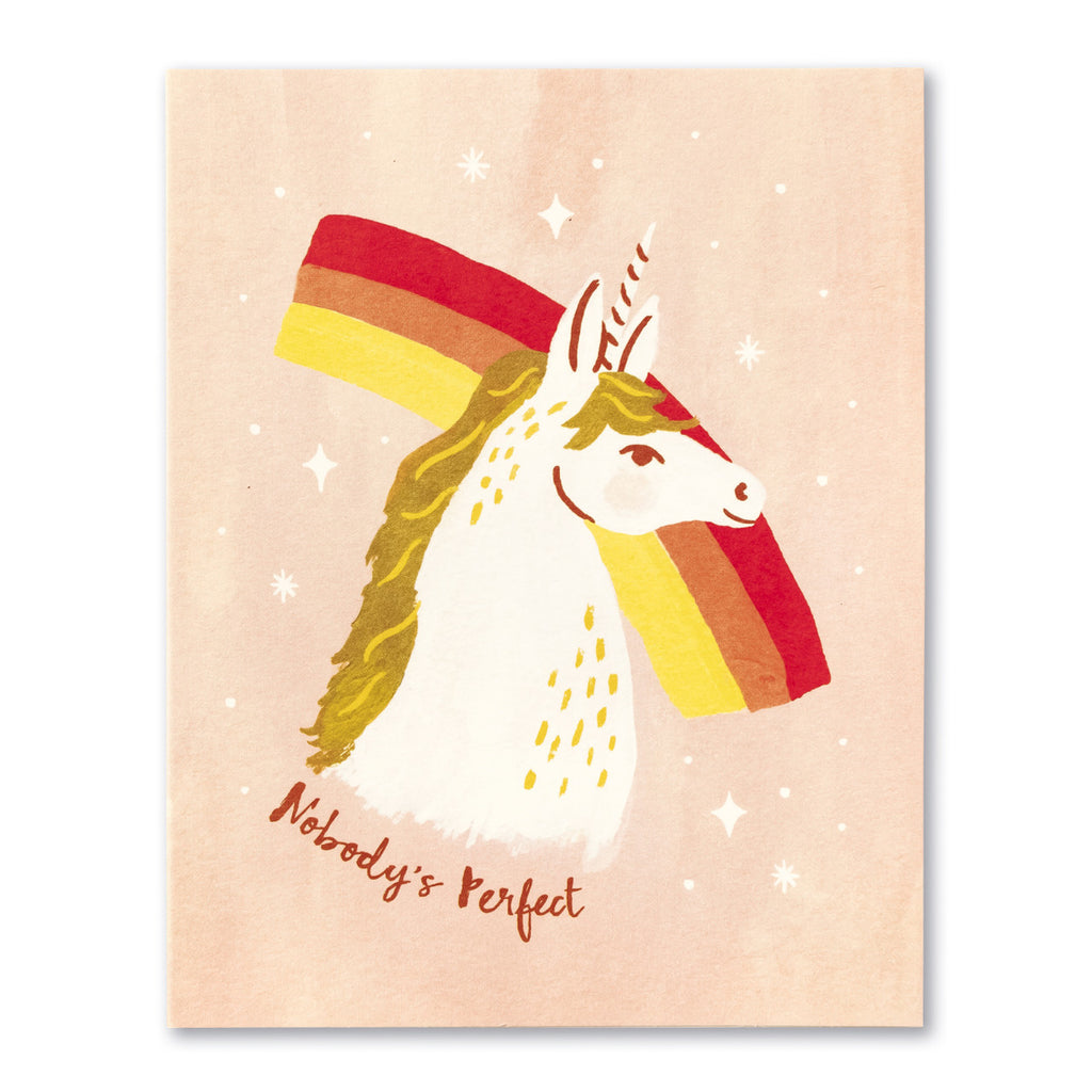 Friendship Greeting Card - Nobody's Perfect. Illustration shows a unicorn over a rainbow on a pink background.