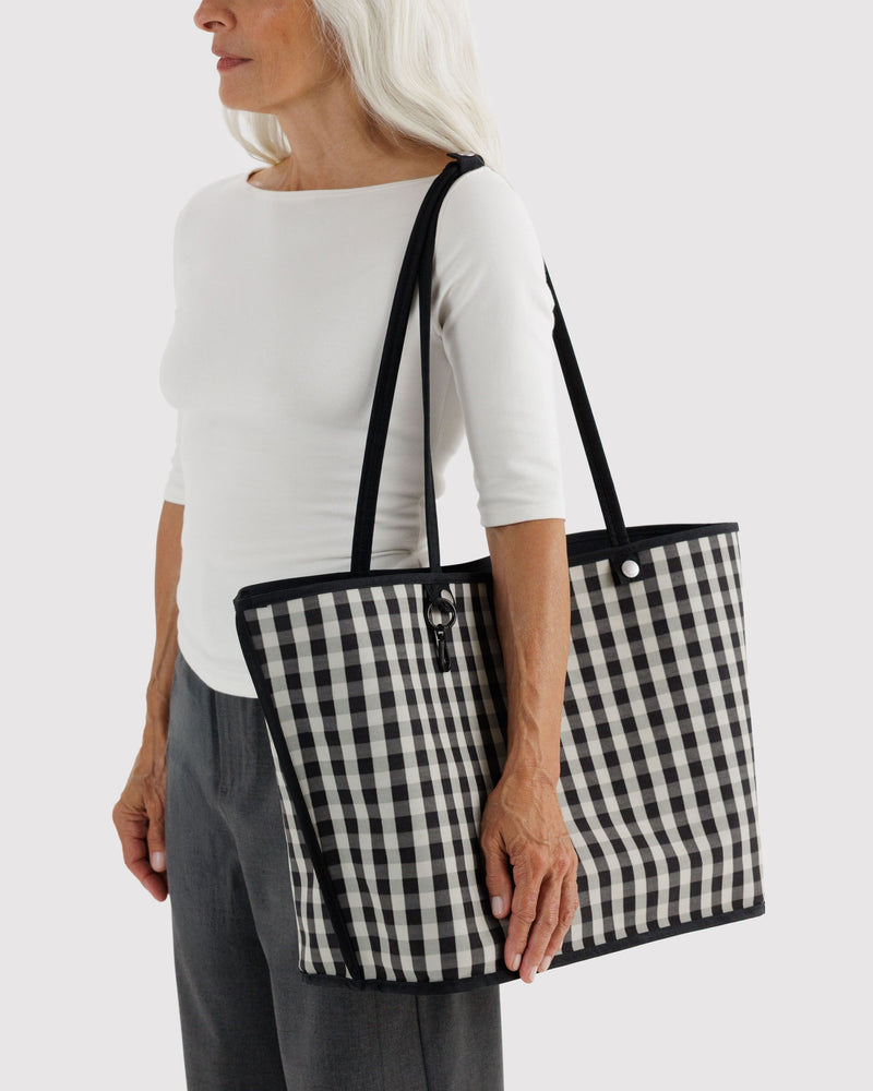 Large Nylon Reversible Tote Bag - Black Gingham Mix