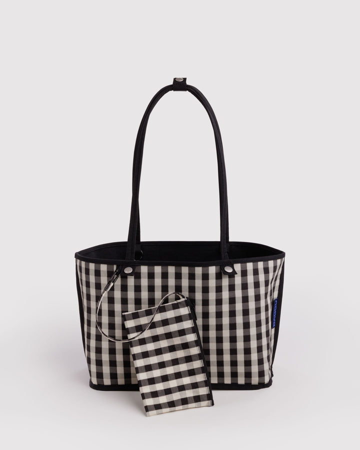 Medium Nylon Reversible Tote Bag - Black Gingham Mix