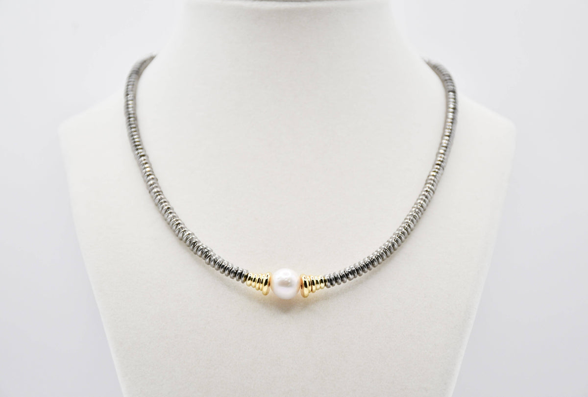 Silver Hematite & Freshwater Pearl Necklace
