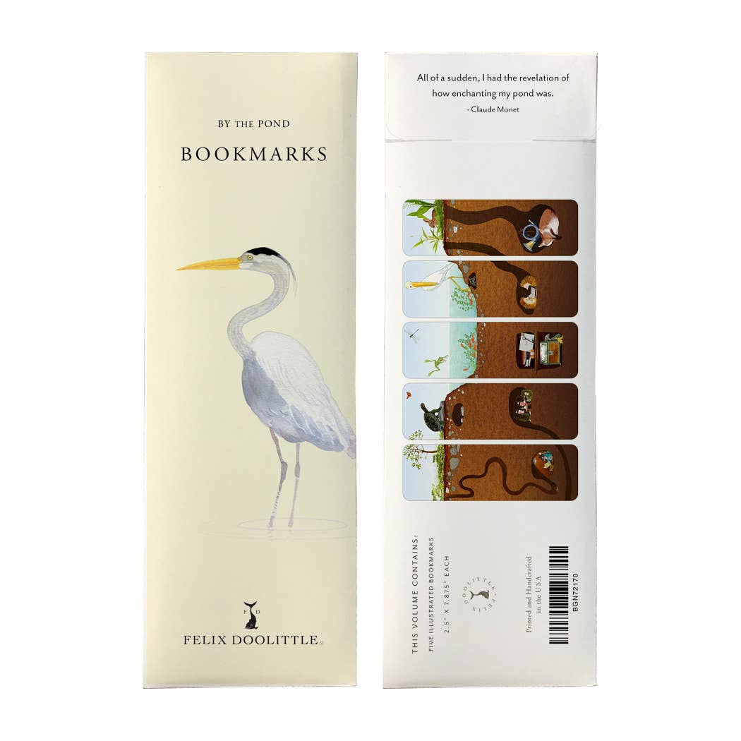 Watercolor Nature-Inspired Illustrations Bookmarks Set of 5 - By The Pond Packaged Front and Back