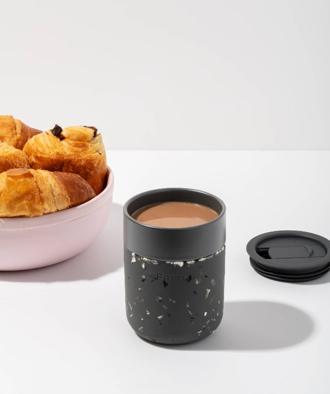 Portable Ceramic Mug With Drink Through Lid - 12oz Charcoal Terrazzo Lifestyle