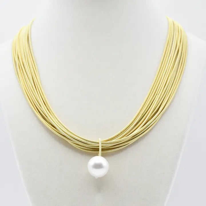 Bright Gold Piano Wire Multi Strand with Pearl Pendant Necklace