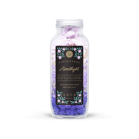 Finchberry Amethyst Fizzy Salt Bath Soak. Vegan and Cruelty Free. 16 oz Apothecary Jar