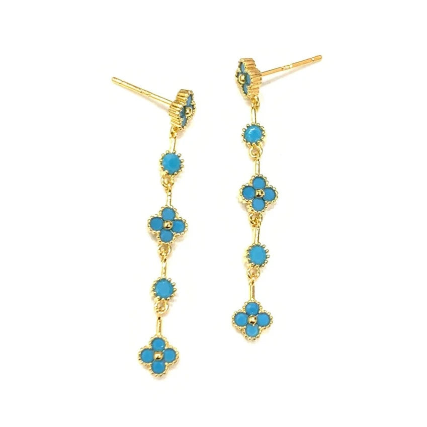 Audrey CZ Clover Drop 14K Gold Dangle Earrings - Turquoise
