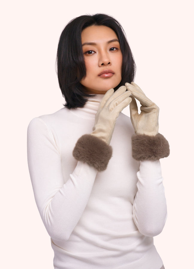Bettina Faux Suede/Fur Gloves - Cream