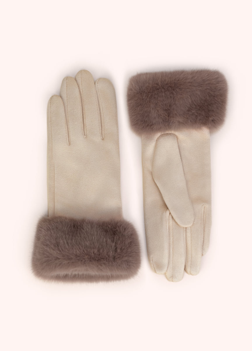 Bettina Faux Suede/Fur Gloves - Cream