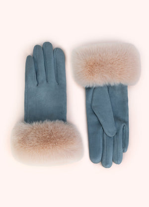 Bettina Faux Suede/Fur Gloves - Denim Blue
