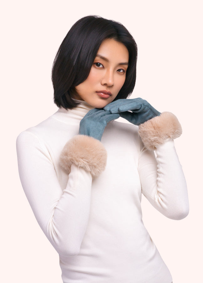 Bettina Faux Suede/Fur Gloves - Denim Blue