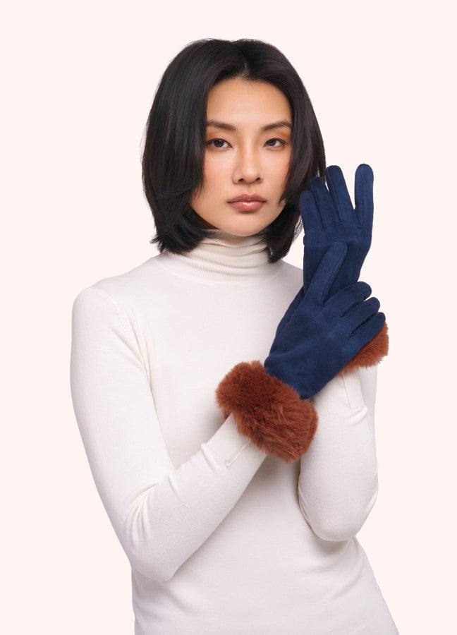 Bettina Faux Suede/Fur Gloves - Navy