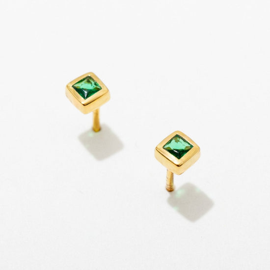 Square Semi Precious Gemstone Bezel Stud Earrings Emerald