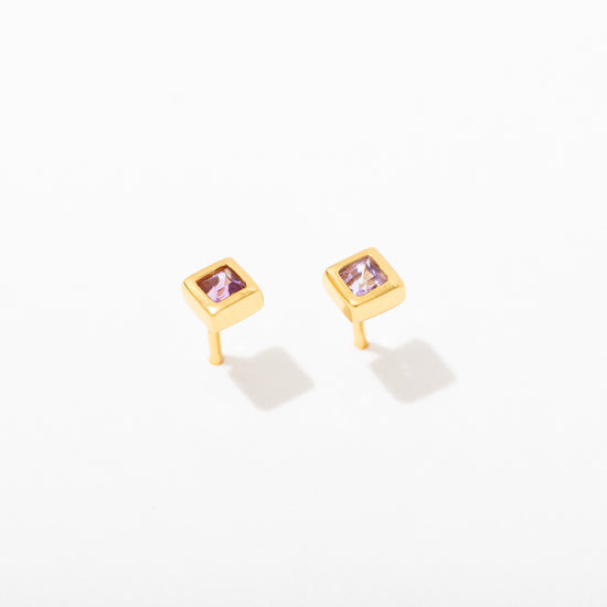 Square Semi Precious Gemstone Bezel Stud Earrings Amethyst