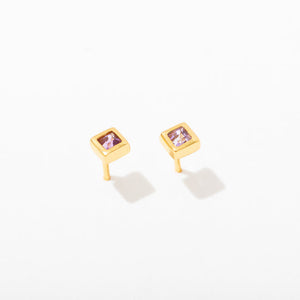 Square Semi Precious Gemstone Bezel Stud Earrings Amethyst