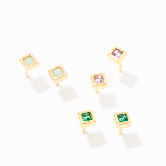 Square Semi Precious Gemstone Bezel Stud Earrings in Three Stone Colors