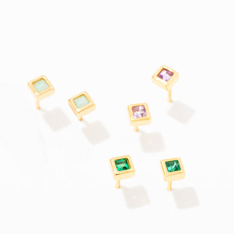 Square Semi Precious Gemstone Bezel Stud Earrings in Three Stone Colors