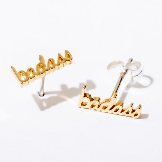 14K Gold Plated Badass Script Stud Earrings Post Detail