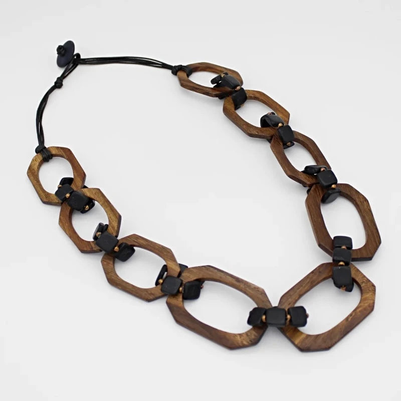 BP23N38-1BROWN Natural Wood Bead Paz Link Necklace Laying Flat