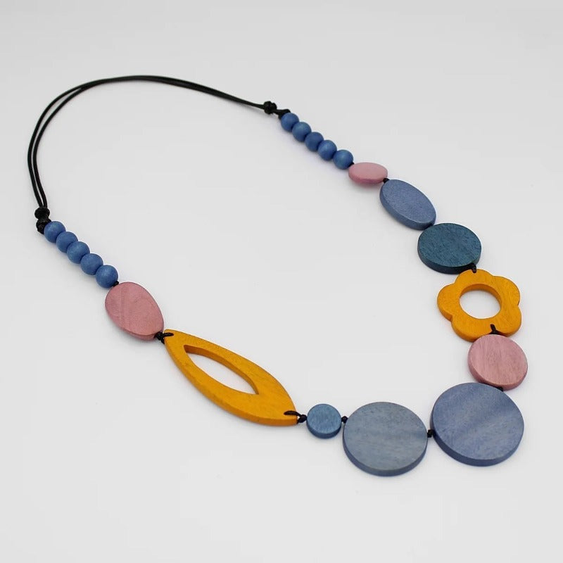 Multi Color Flower Wood Bead Gilda Statement Necklace Laying Flat