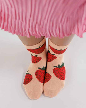 Baggu Crew Sock Strawberry Modeled