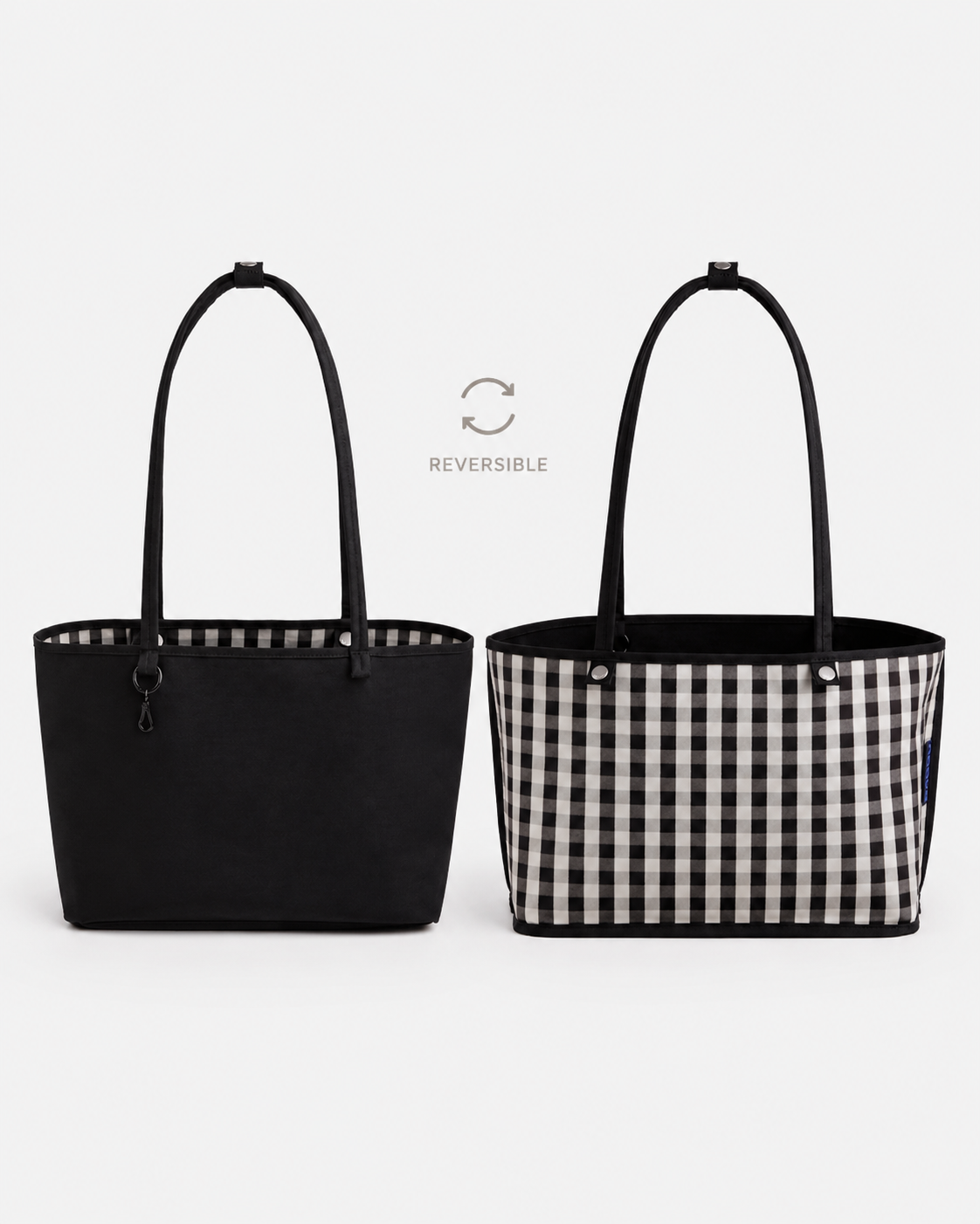 Medium Nylon Reversible Tote Bag - Black Gingham Mix