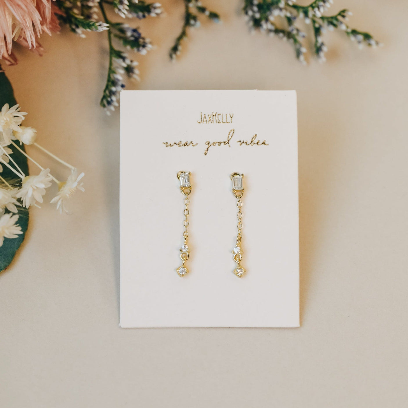 Baguette Drop Dainty Dangle 18K Gold Earrings