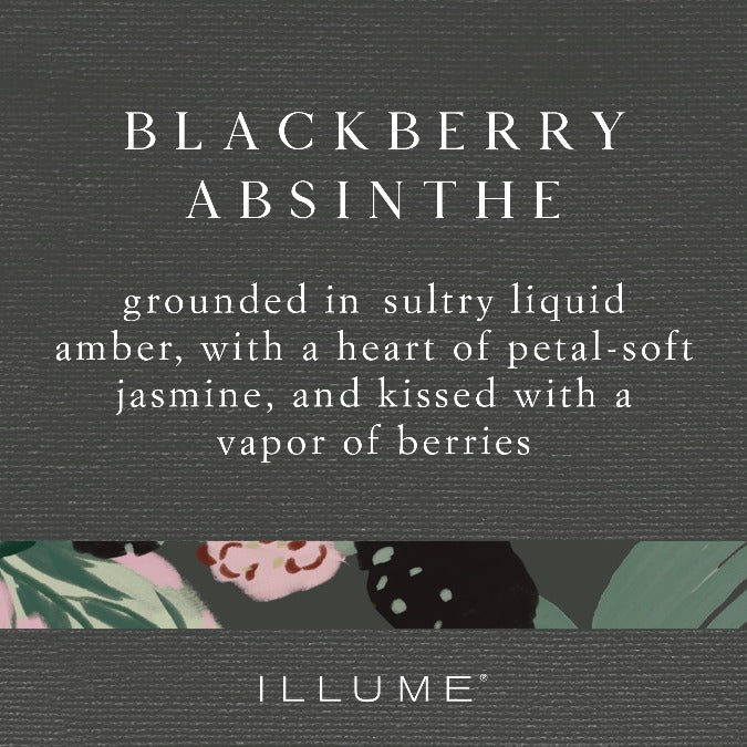 Blackberry Absinthe Statement Glass Triple Wick Candle Fragrance Story - Grounded in sultry liquid amber, with a heart of petal-soft jasmine, and kissed with a vapor of berries