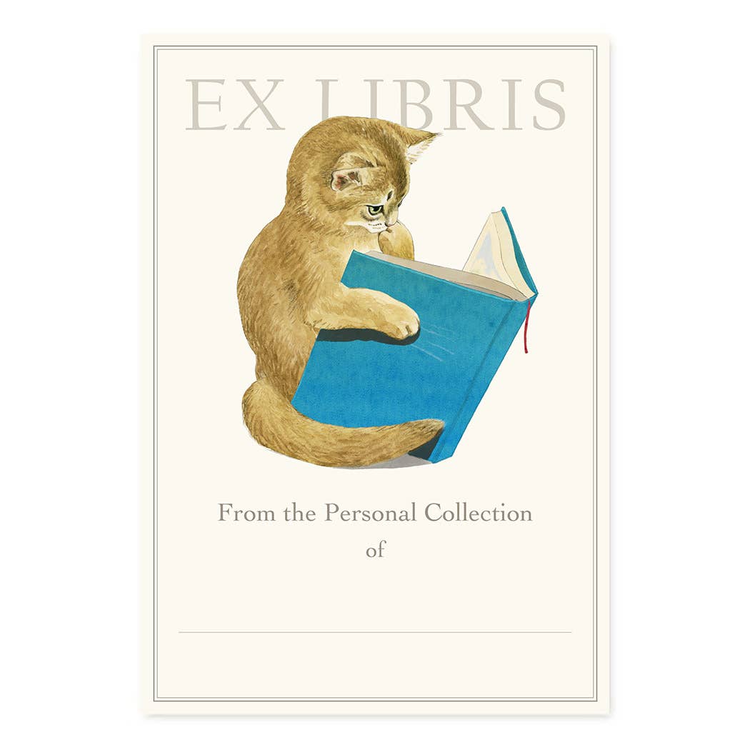Bookplate Set Ex Libris Nature-Inspired Watercolor Illustration Cat Reading Tale