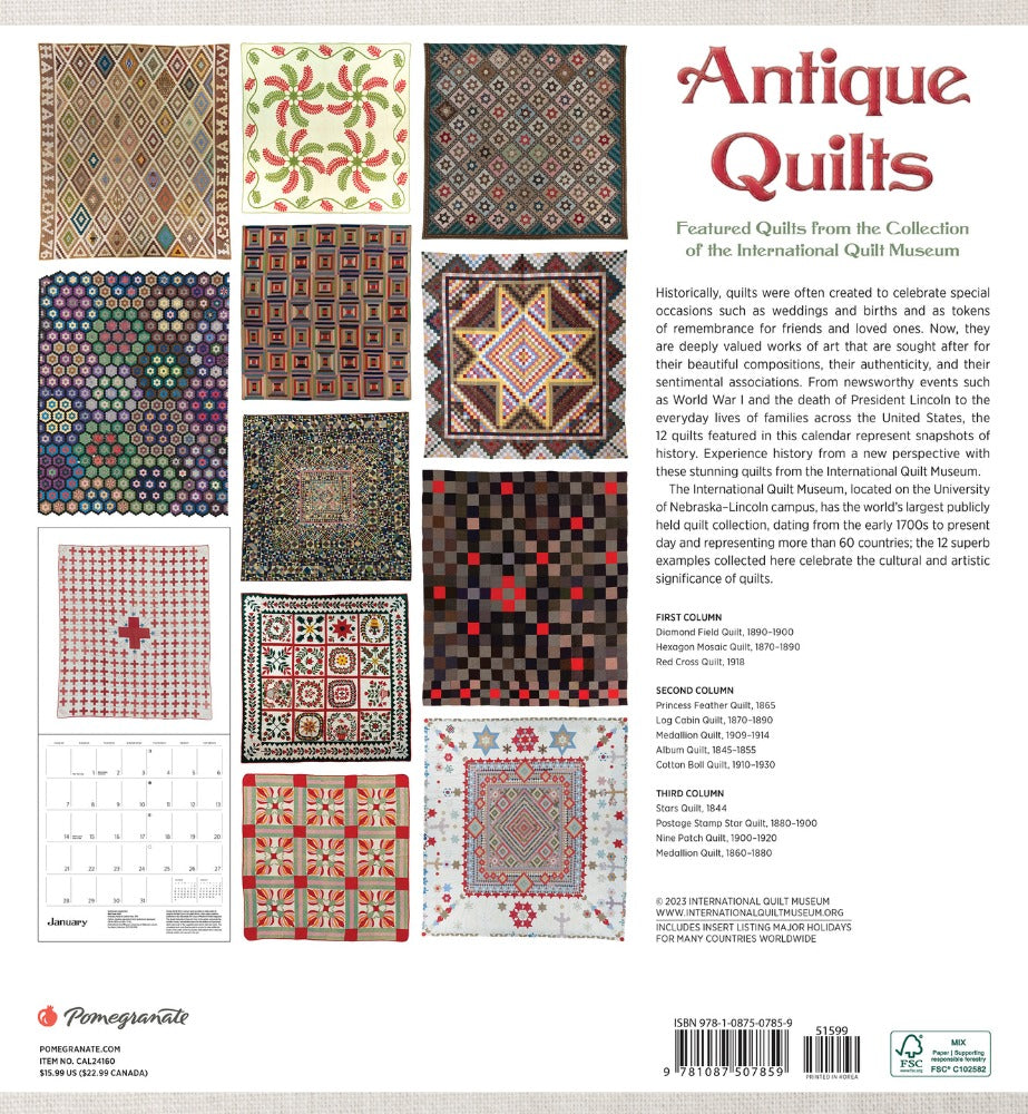 Antique Quilts 2024 Wall Calendar Back