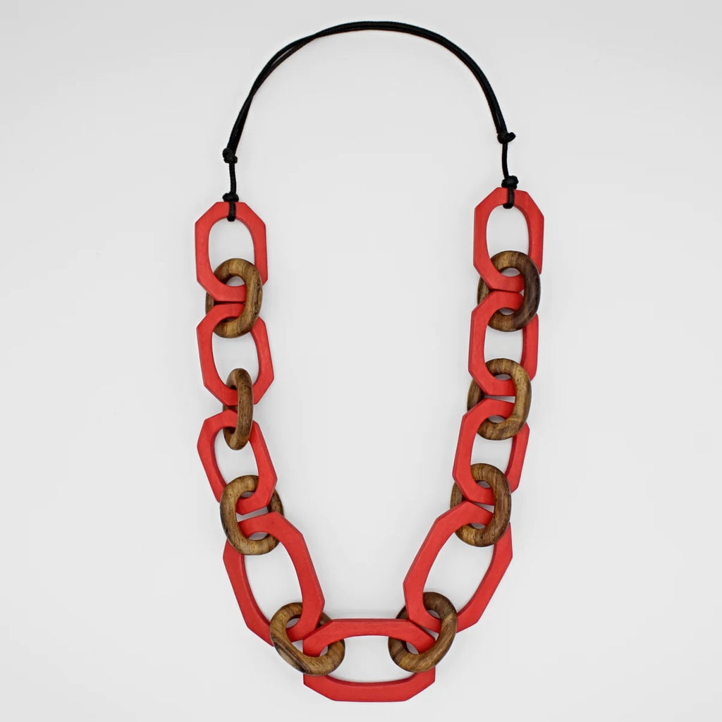 Chain Link Red Luzara Wood Bead Statement Necklace