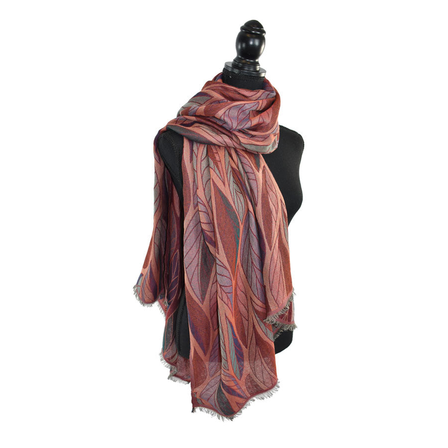 Woven Cotton Leaf Scarf - Pink/Coral Modeled