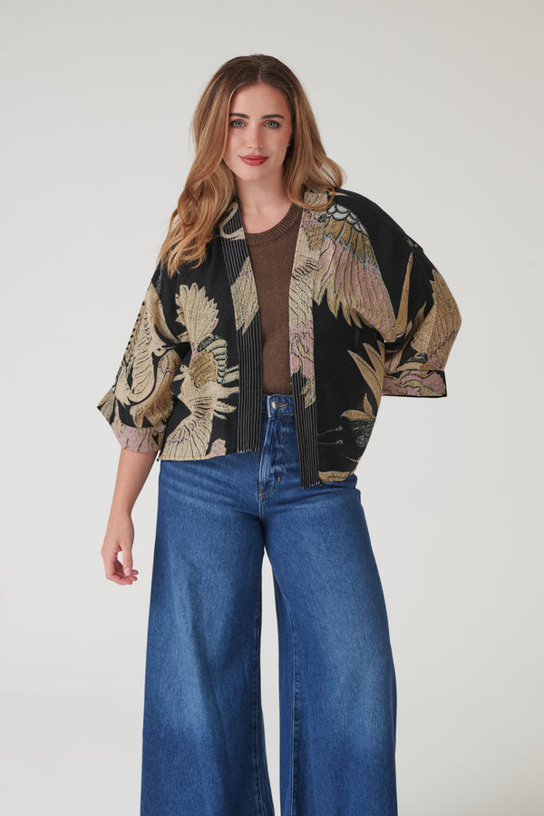 Crane Black Wool Kimono