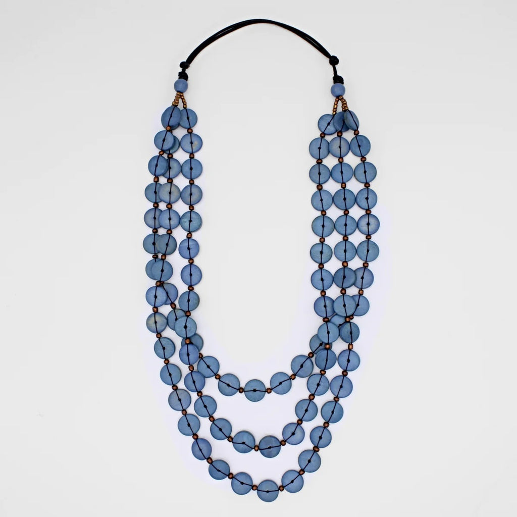 Denim Blue Wood Bead Jacey Triple Strand Necklace