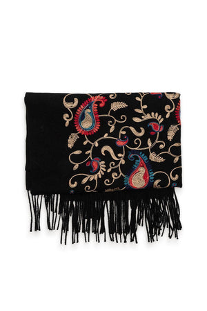 Embroidered Paisley Fringe Scarf - Black
